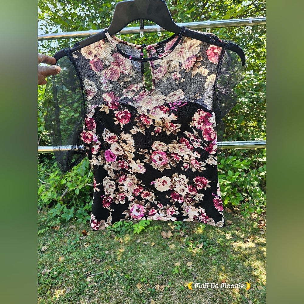 SHEIN Clasi Plus Keyhole Back Floral Print Mesh Panel Top size 0XL (12)